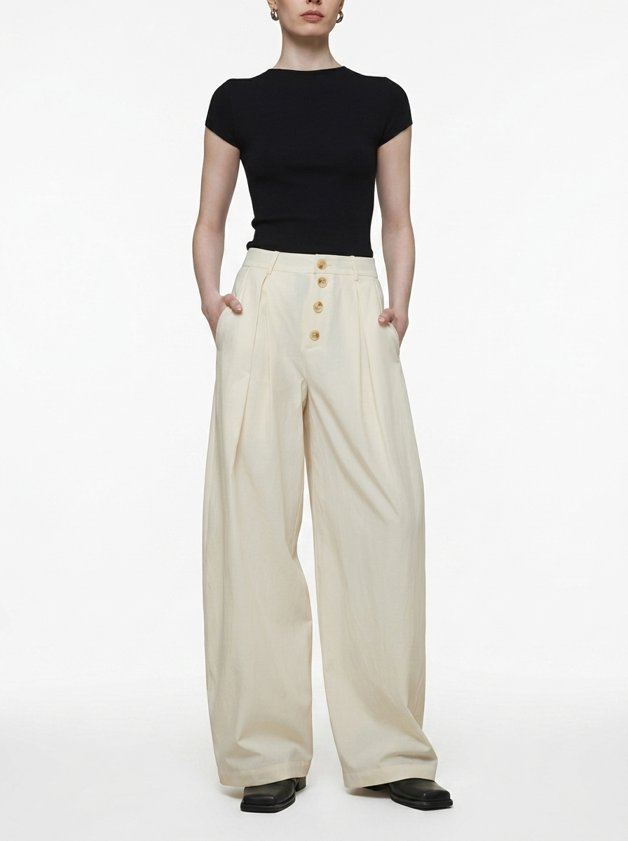 Cream Wide-Leg Straight Pants