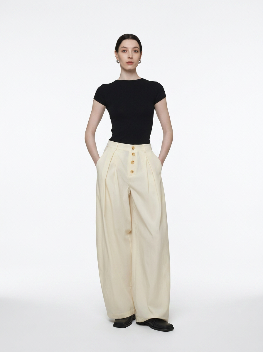 Cream Wide-Leg Straight Pants