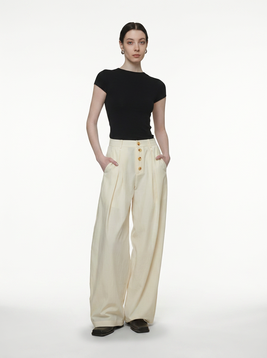 Cream Wide-Leg Straight Pants