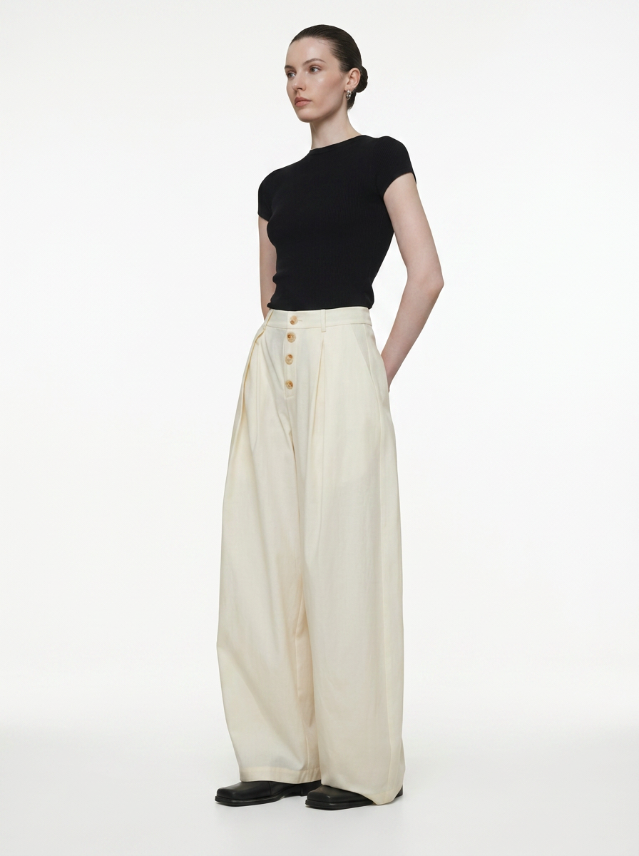 Cream Wide-Leg Straight Pants