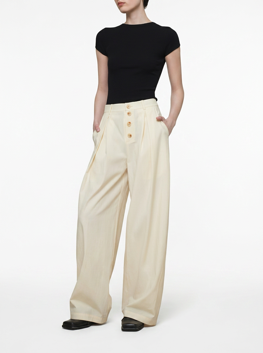 Cream Wide-Leg Straight Pants