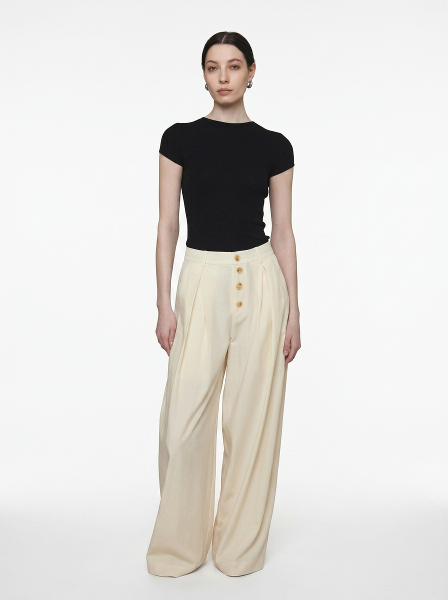 Cream Wide-Leg Straight Pants