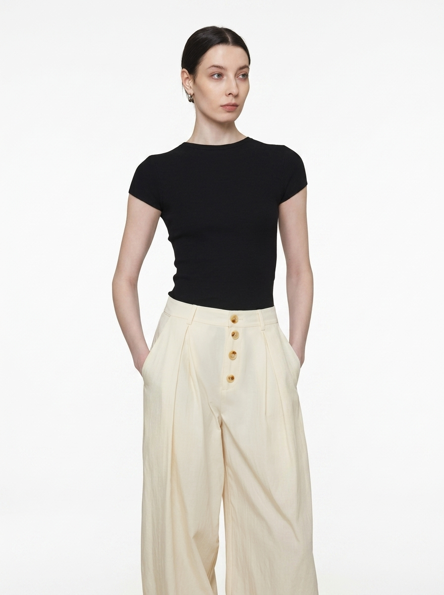 Cream Wide-Leg Straight Pants