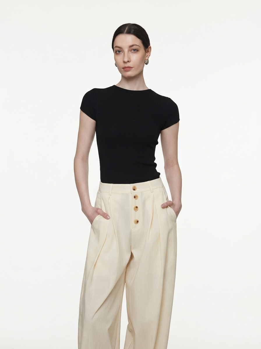 Cream Wide-Leg Straight Pants