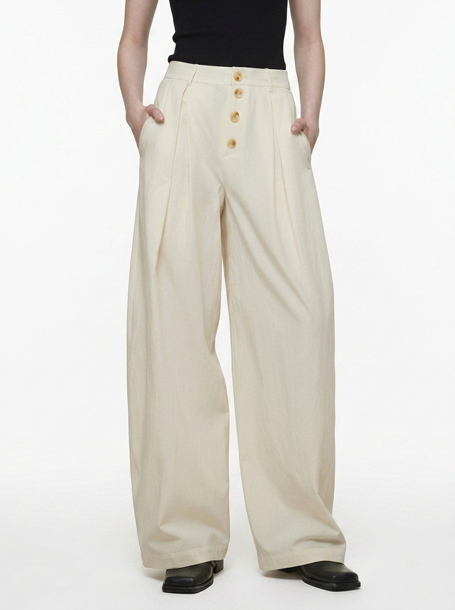 Cream Wide-Leg Straight Pants