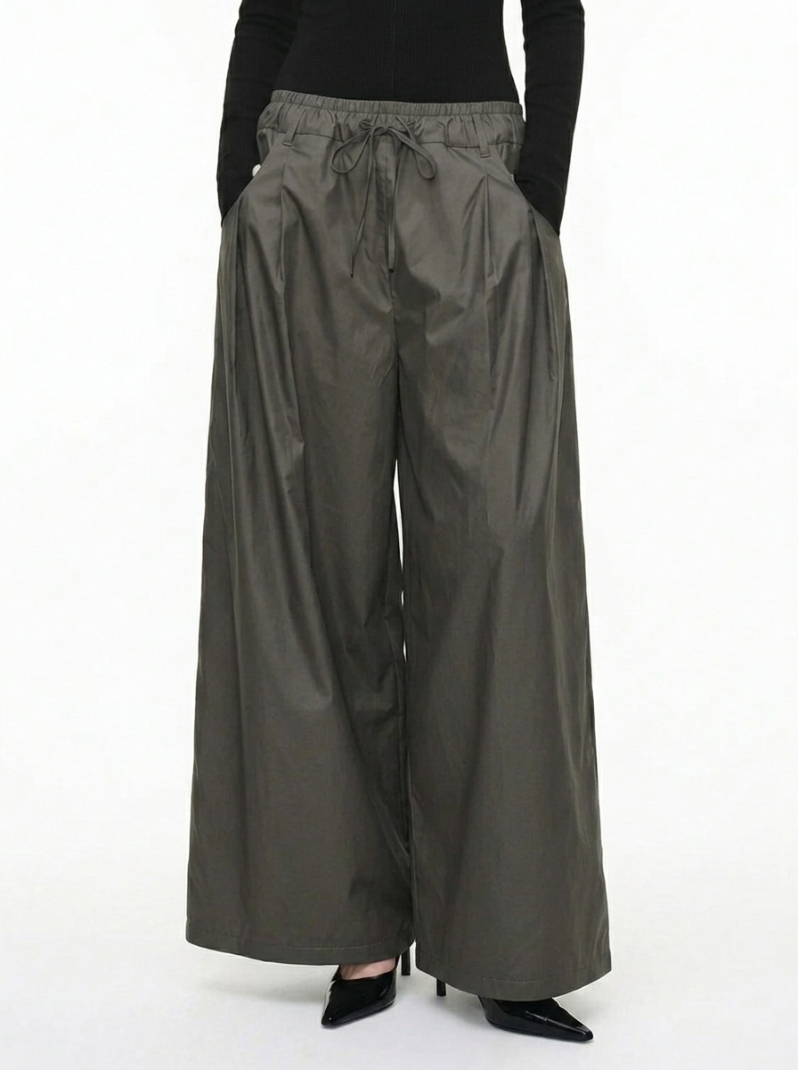 Dark Gray Wide-Leg Drawstring Pleated Pants