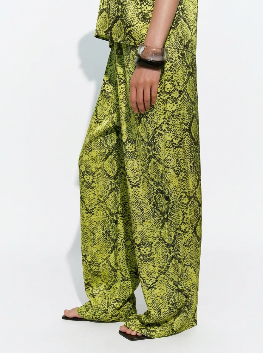 Lime Green Snakeskin Print Vest & Wide-Leg Pants Set