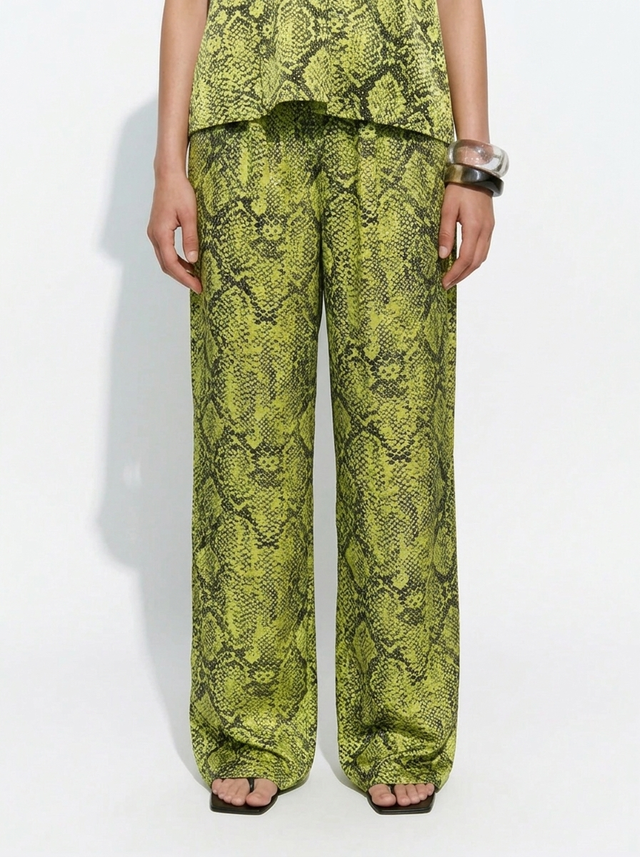 Lime Green Snakeskin Print Vest &amp; Wide-Leg Pants Set