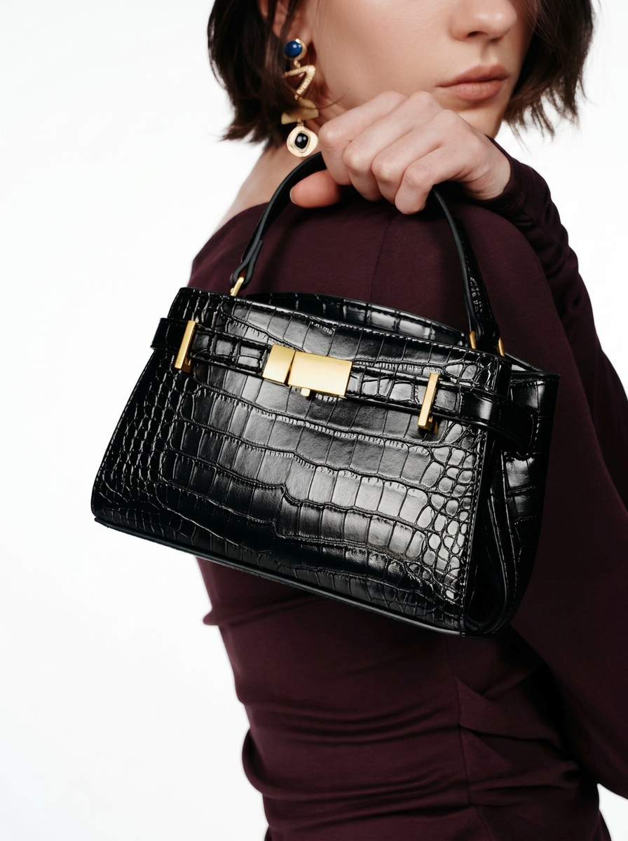 Crocodile Embossed Structured Handbag