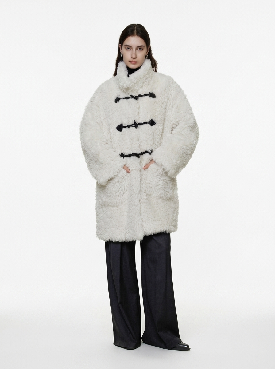 White Wool Blend Duffle Coat with Faux Fur Collar