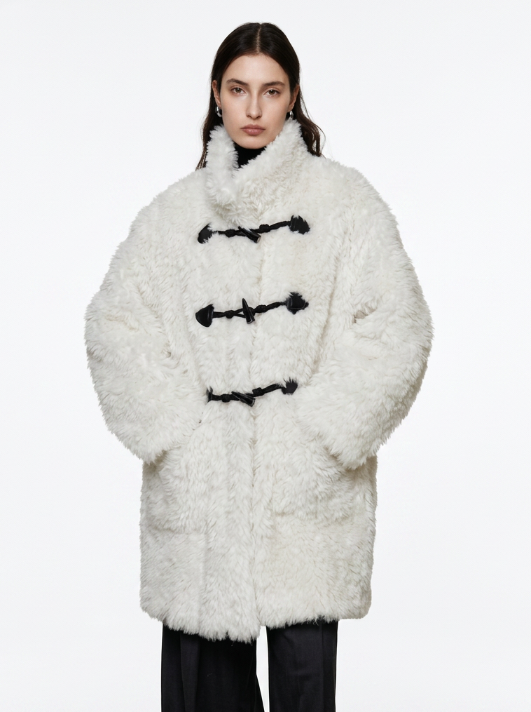 White Wool Blend Duffle Coat with Faux Fur Collar