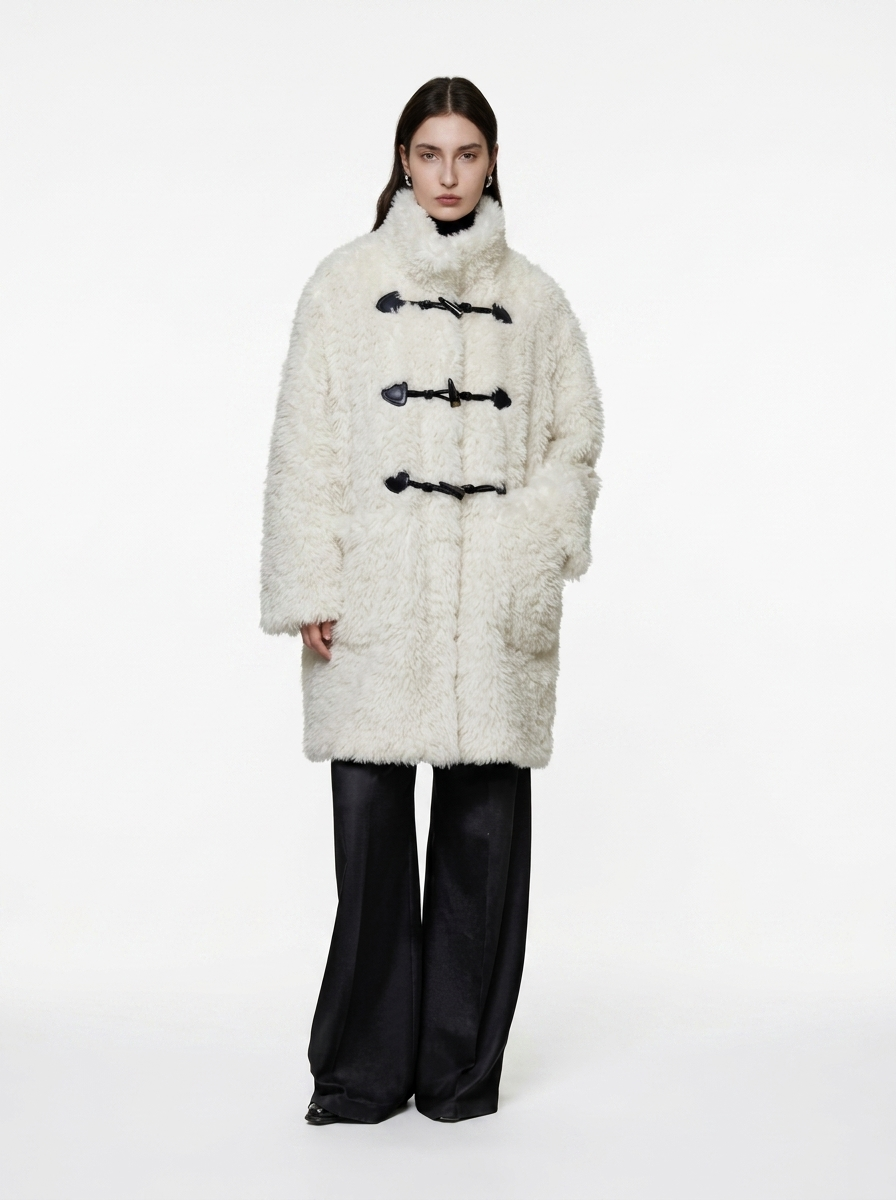 White Wool Blend Duffle Coat with Faux Fur Collar
