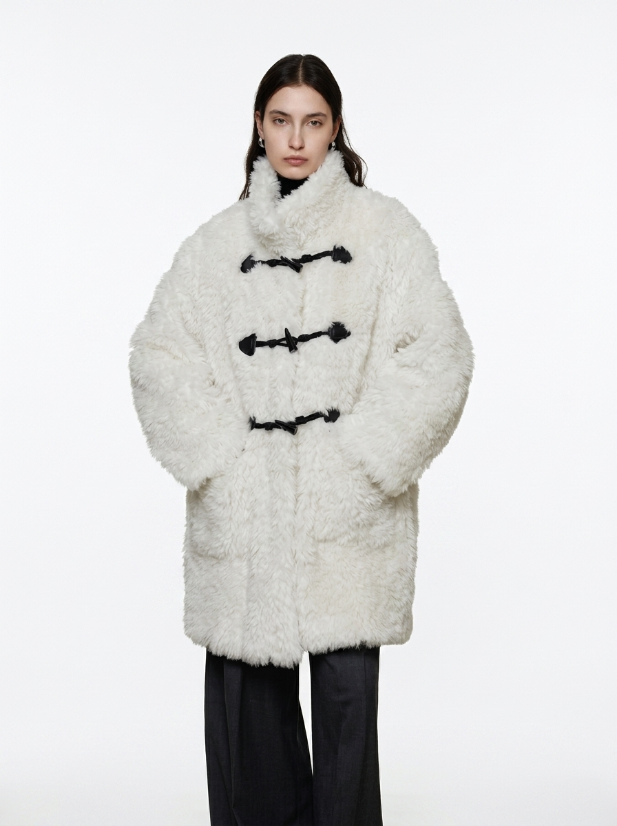 White Wool Blend Duffle Coat with Faux Fur Collar