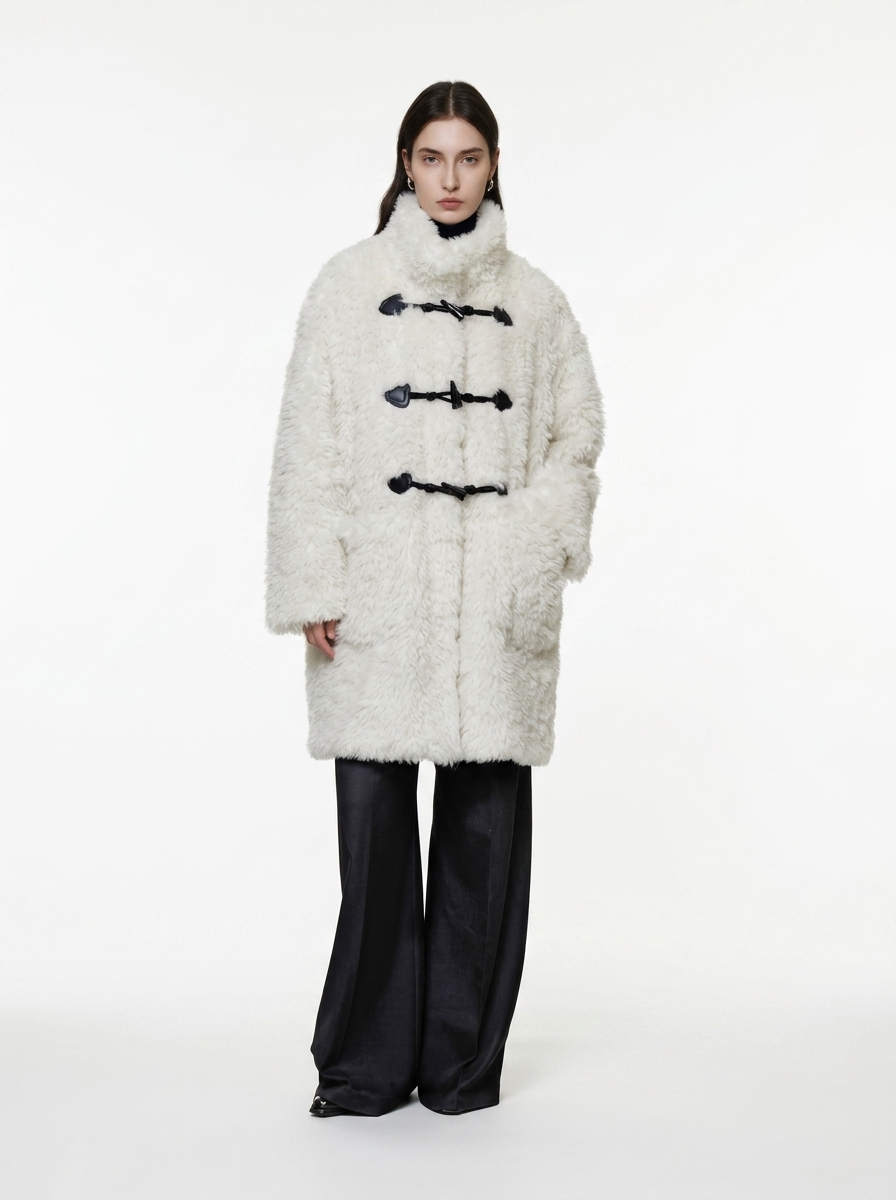 White Wool Blend Duffle Coat with Faux Fur Collar