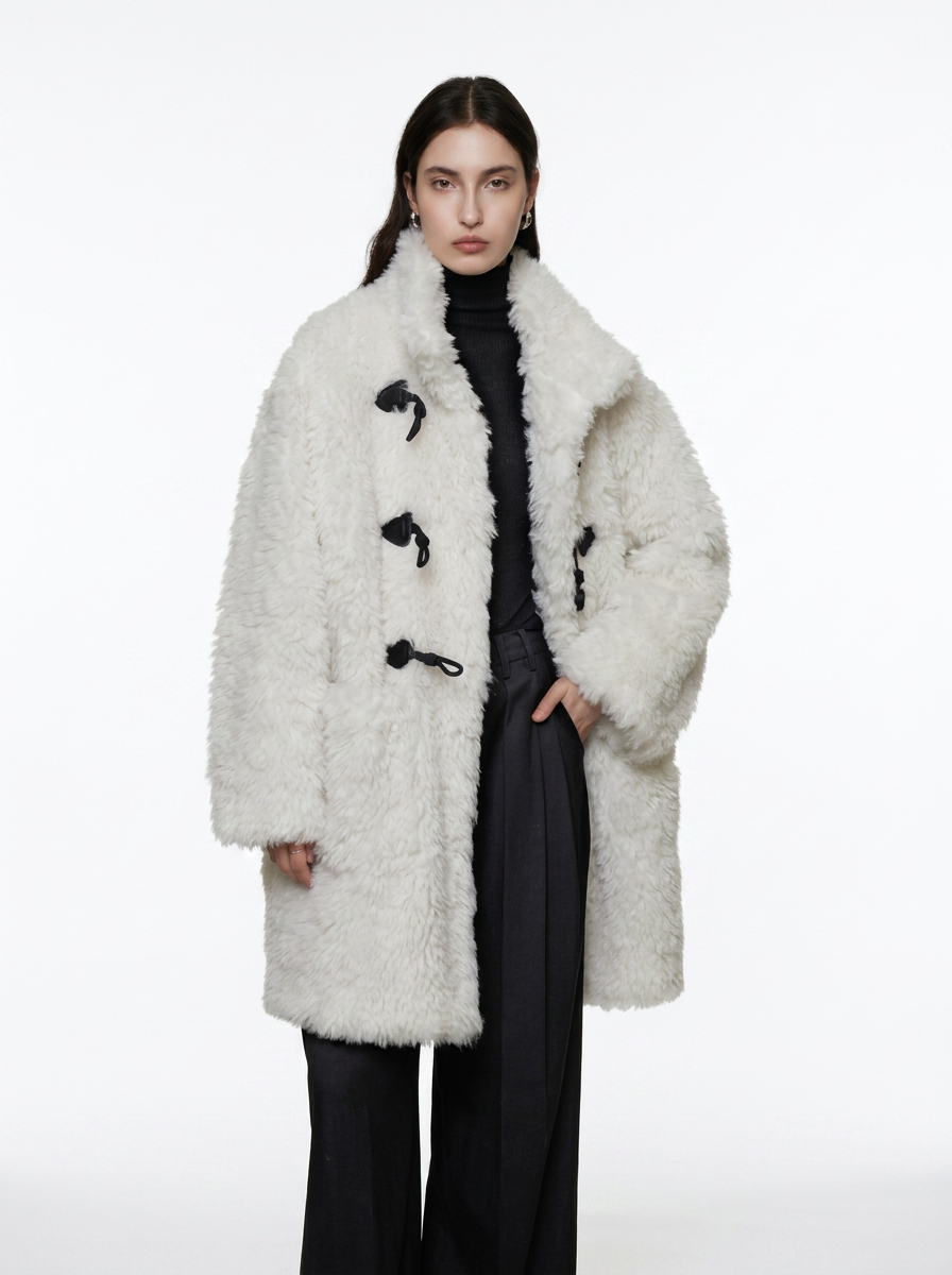 White Wool Blend Duffle Coat with Faux Fur Collar