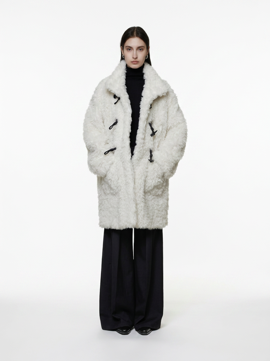 White Wool Blend Duffle Coat with Faux Fur Collar