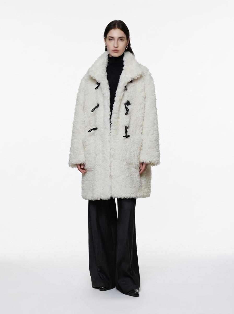 White Wool Blend Duffle Coat with Faux Fur Collar