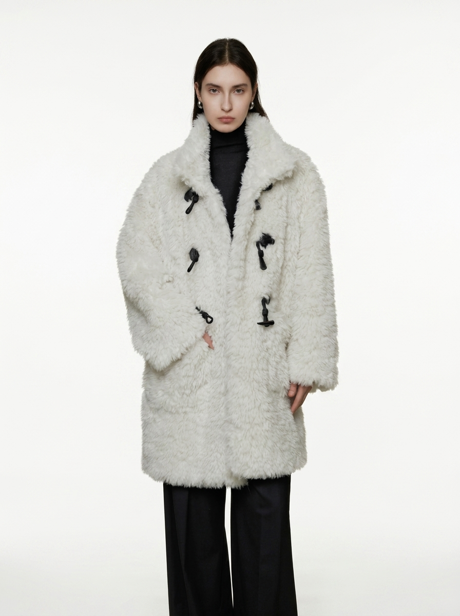 White Wool Blend Duffle Coat with Faux Fur Collar