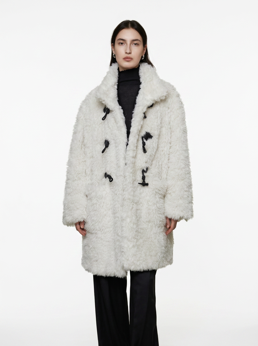 White Wool Blend Duffle Coat with Faux Fur Collar