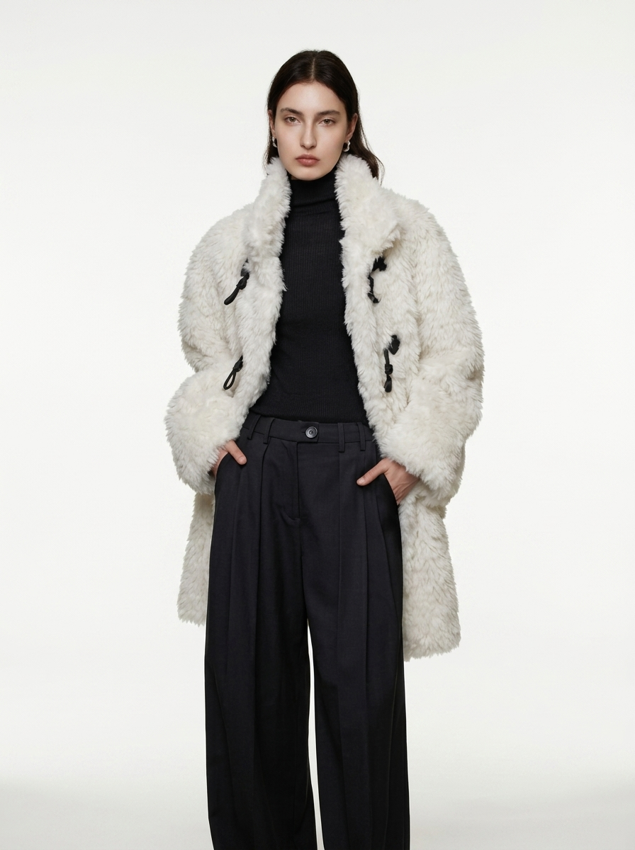 White Wool Blend Duffle Coat with Faux Fur Collar