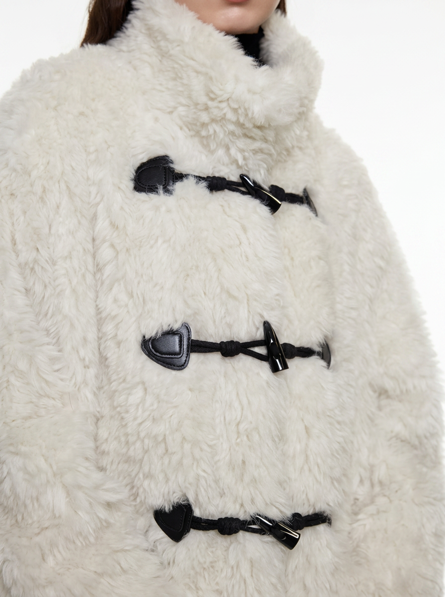 White Wool Blend Duffle Coat with Faux Fur Collar