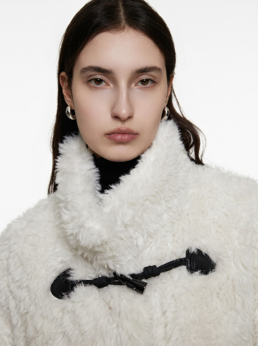 White Wool Blend Duffle Coat with Faux Fur Collar