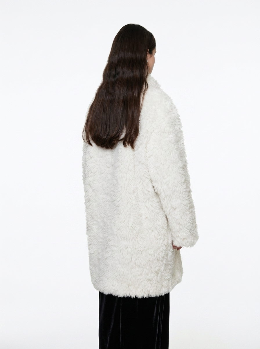 White Wool Blend Duffle Coat with Faux Fur Collar