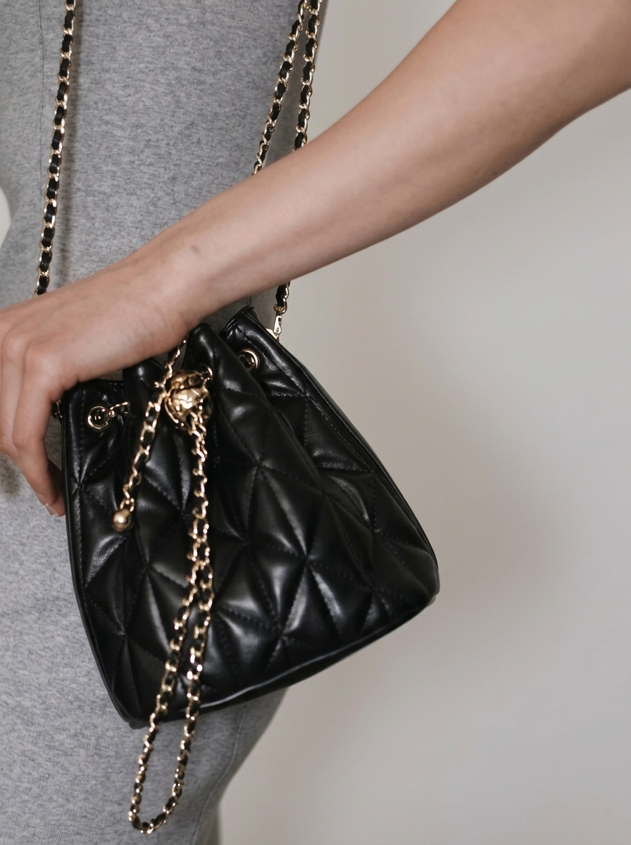 Black Quilted Diamond Bucket Bag
