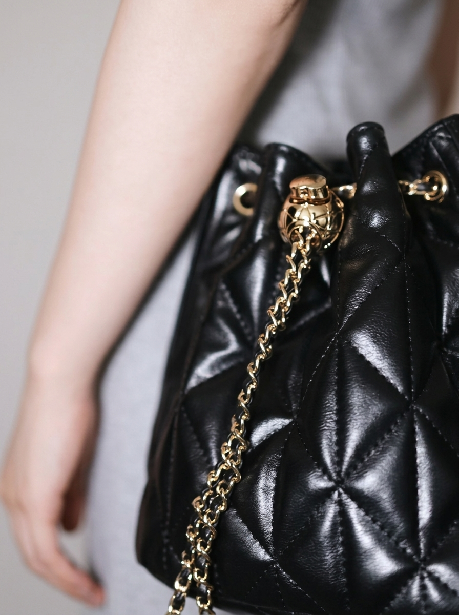 Black Quilted Diamond Bucket Bag