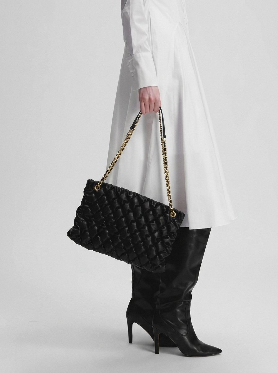 Black Quilted Ruched Cloud Shoulder Bag