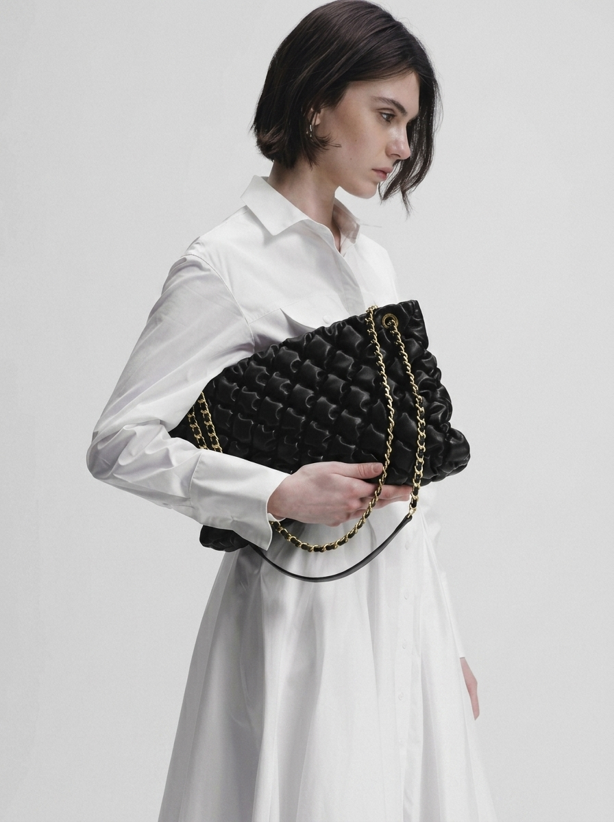 Black Quilted Ruched Cloud Shoulder Bag