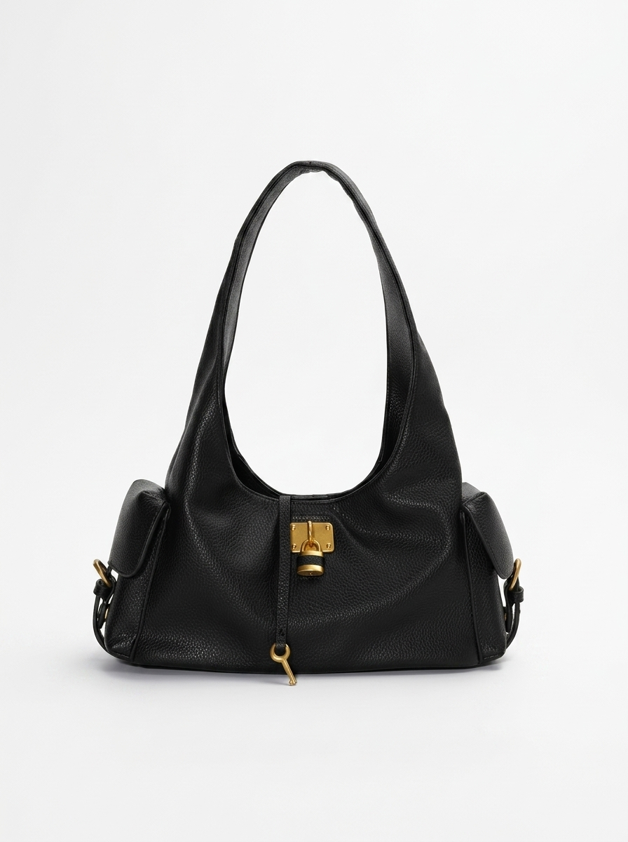 Black Leather Structured Shoulder Bag with Lock Detail