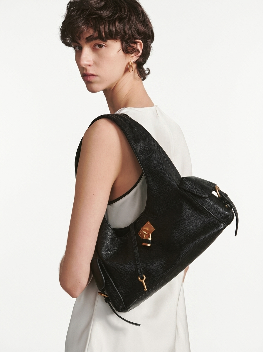 Black Leather Structured Shoulder Bag with Lock Detail