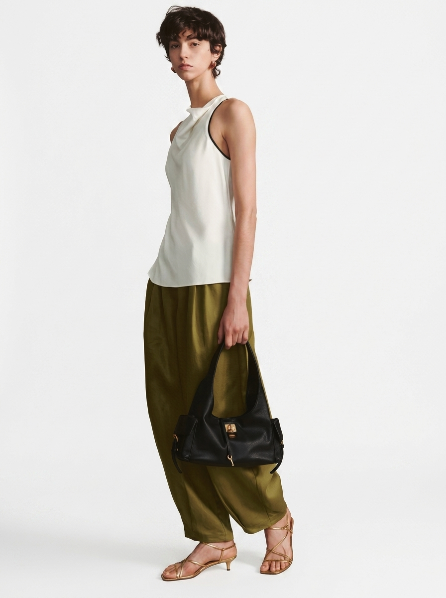 Black Leather Structured Shoulder Bag with Lock Detail