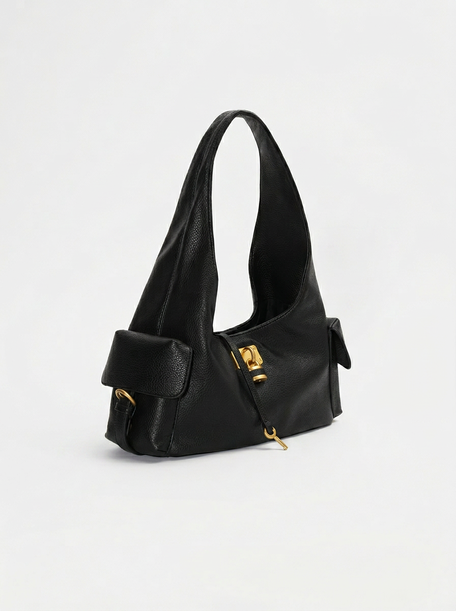 Black Leather Structured Shoulder Bag with Lock Detail