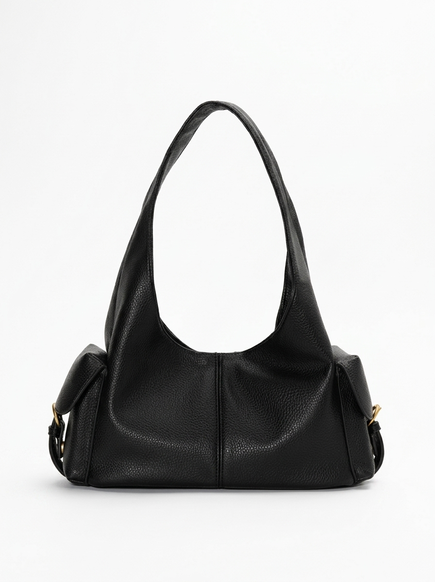 Black Leather Structured Shoulder Bag with Lock Detail