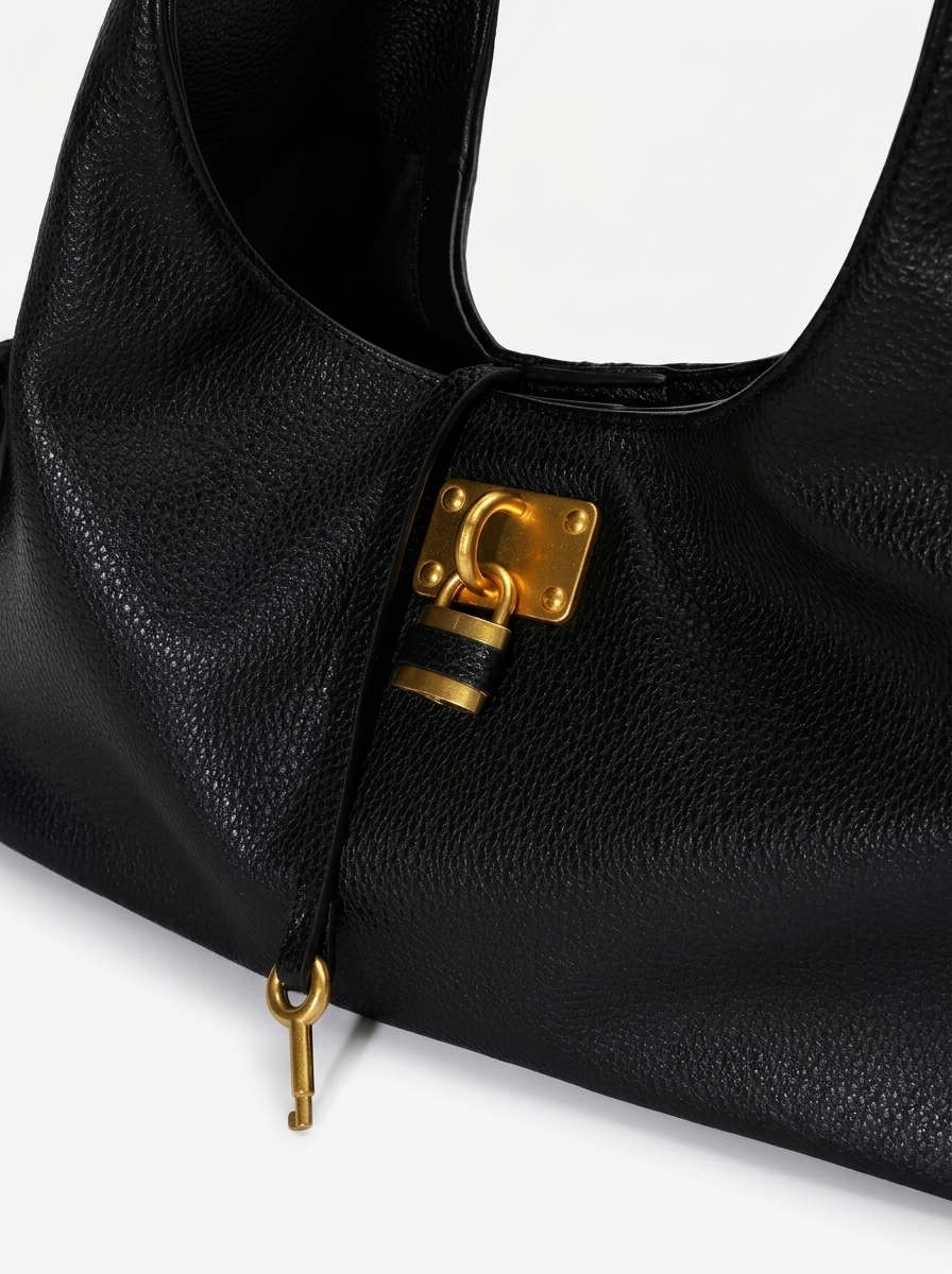 Black Leather Structured Shoulder Bag with Lock Detail
