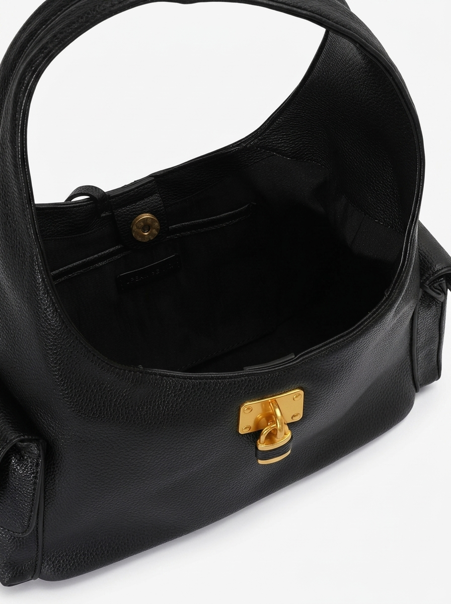 Black Leather Structured Shoulder Bag with Lock Detail