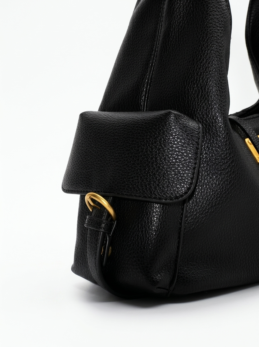Black Leather Structured Shoulder Bag with Lock Detail