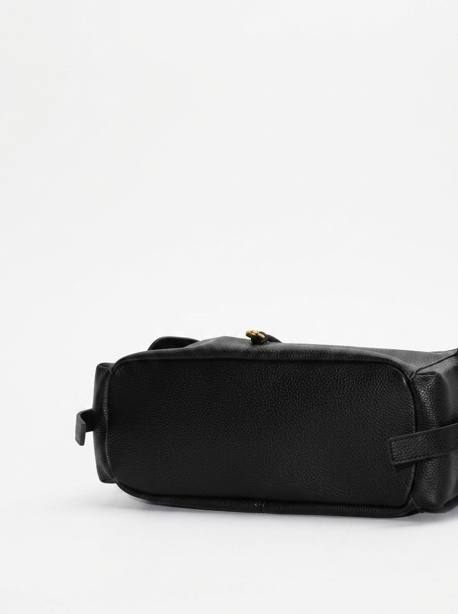 Black Leather Structured Shoulder Bag with Lock Detail