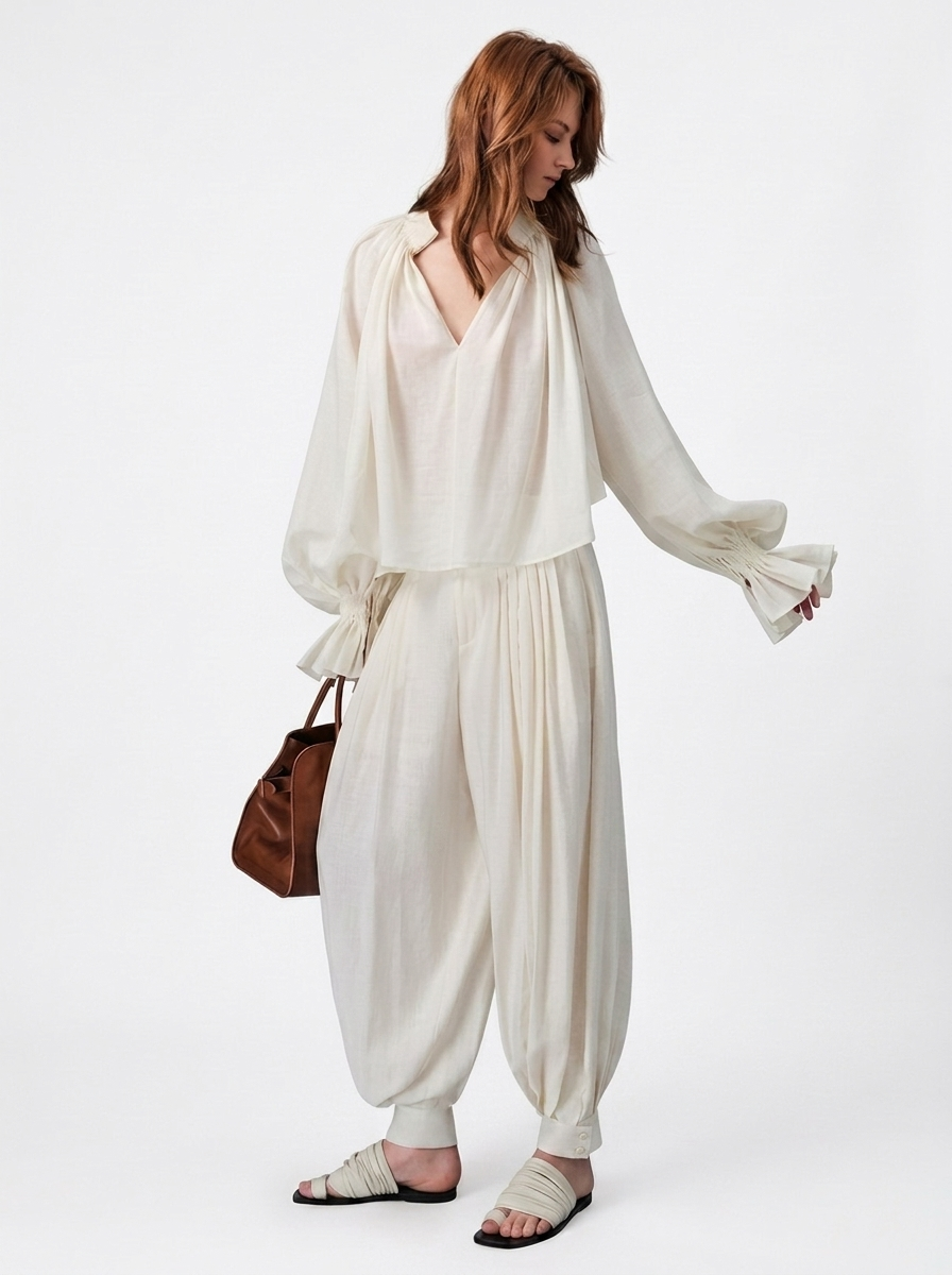 White High-Waisted Lantern Pants