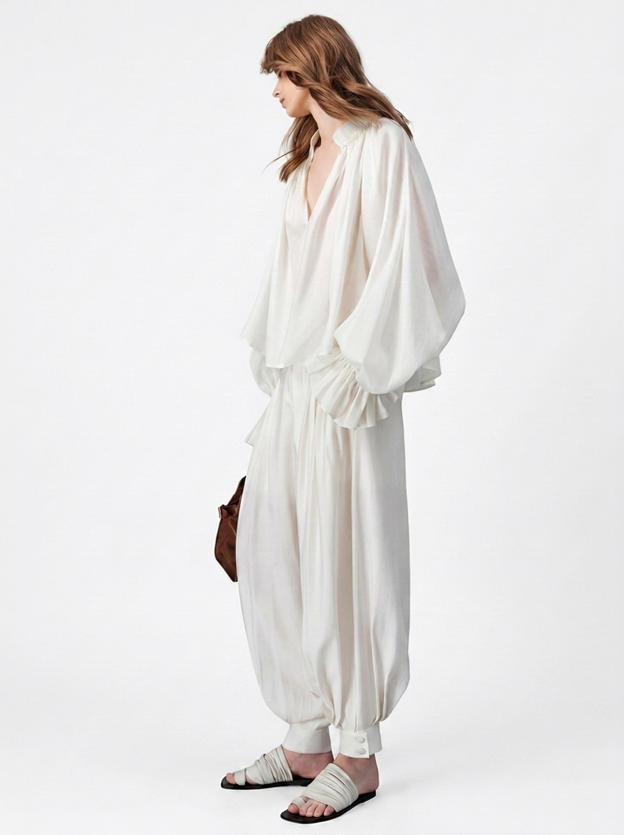White High-Waisted Lantern Pants