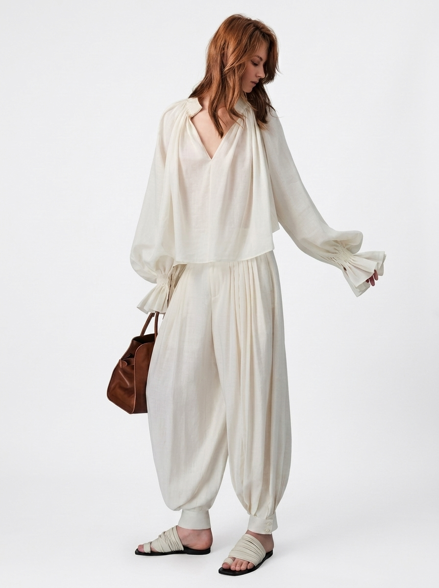 White High-Waisted Lantern Pants