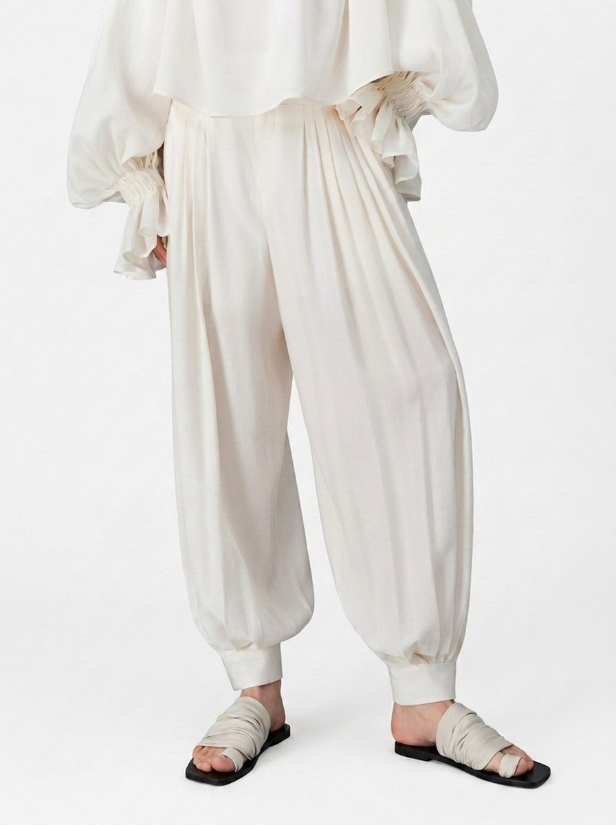White High-Waisted Lantern Pants