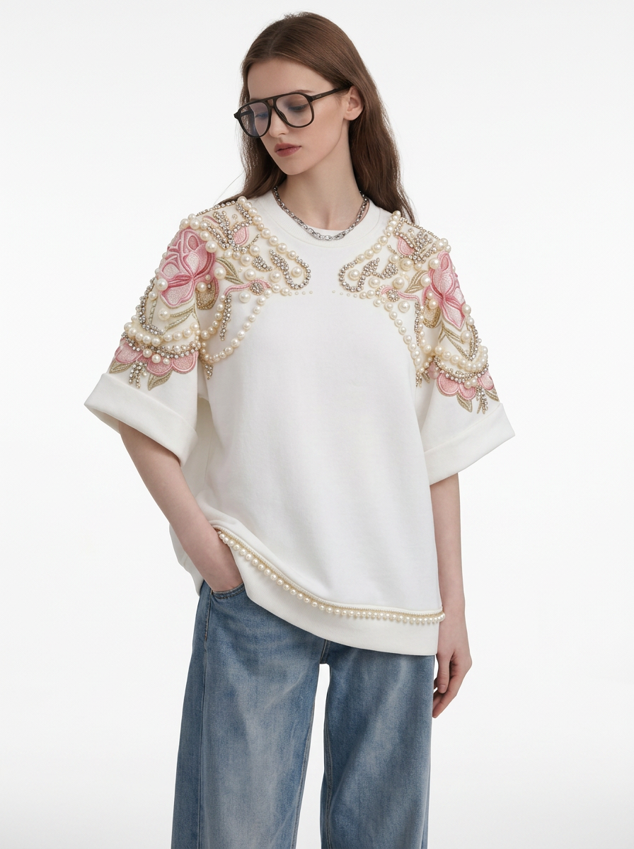 White Floral Print Oversized T-Shirt