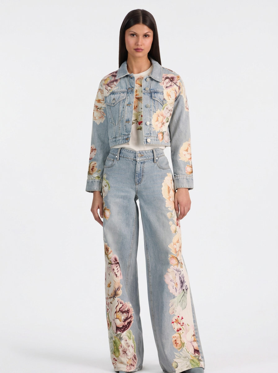 Floral Denim Jacket &amp; Wide-Leg Jeans Set