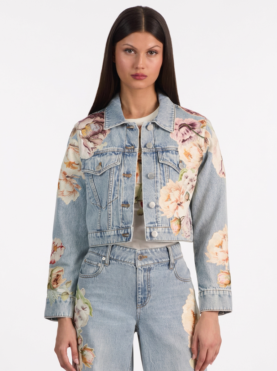 Floral Denim Jacket & Wide-Leg Jeans Set