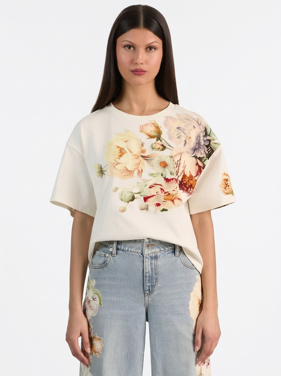 White Floral Oversized Short Sleeve Tee