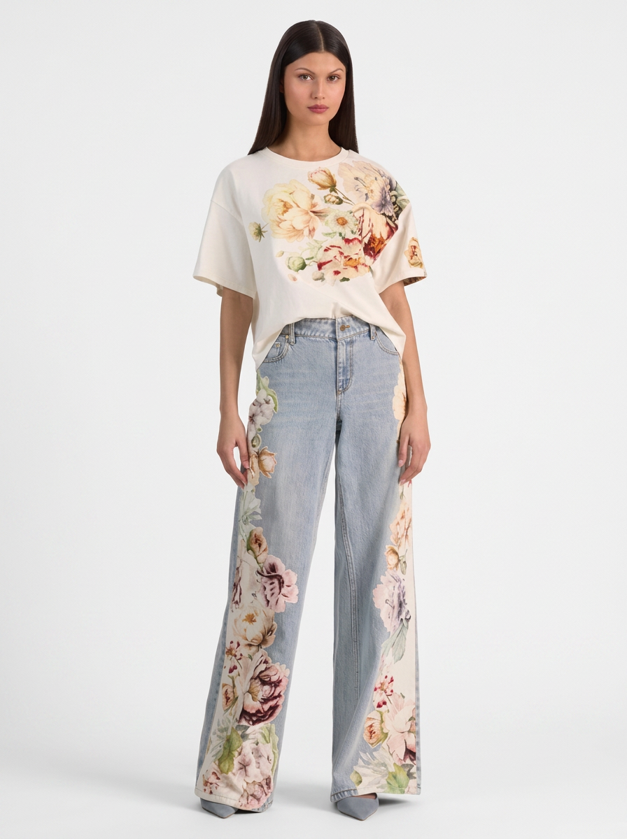 White Floral Oversized Short Sleeve Tee