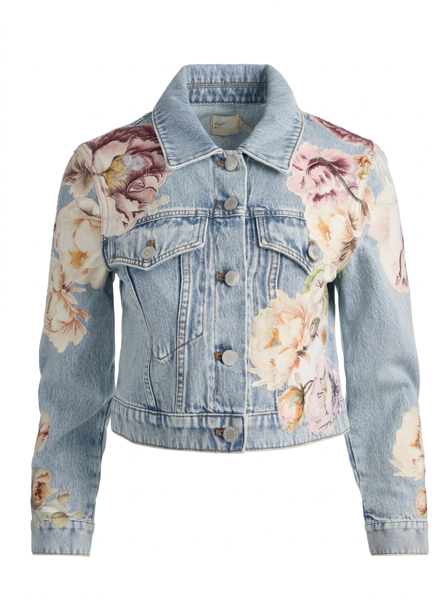 Floral Denim Jacket &amp; Wide-Leg Jeans Set